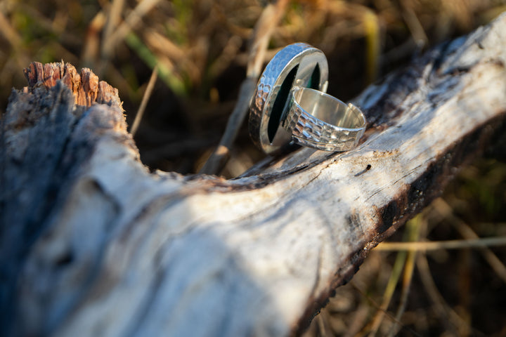 Oval Chrysocolla Ring set in Beaten Sterling Silver Design - Adjustable Band