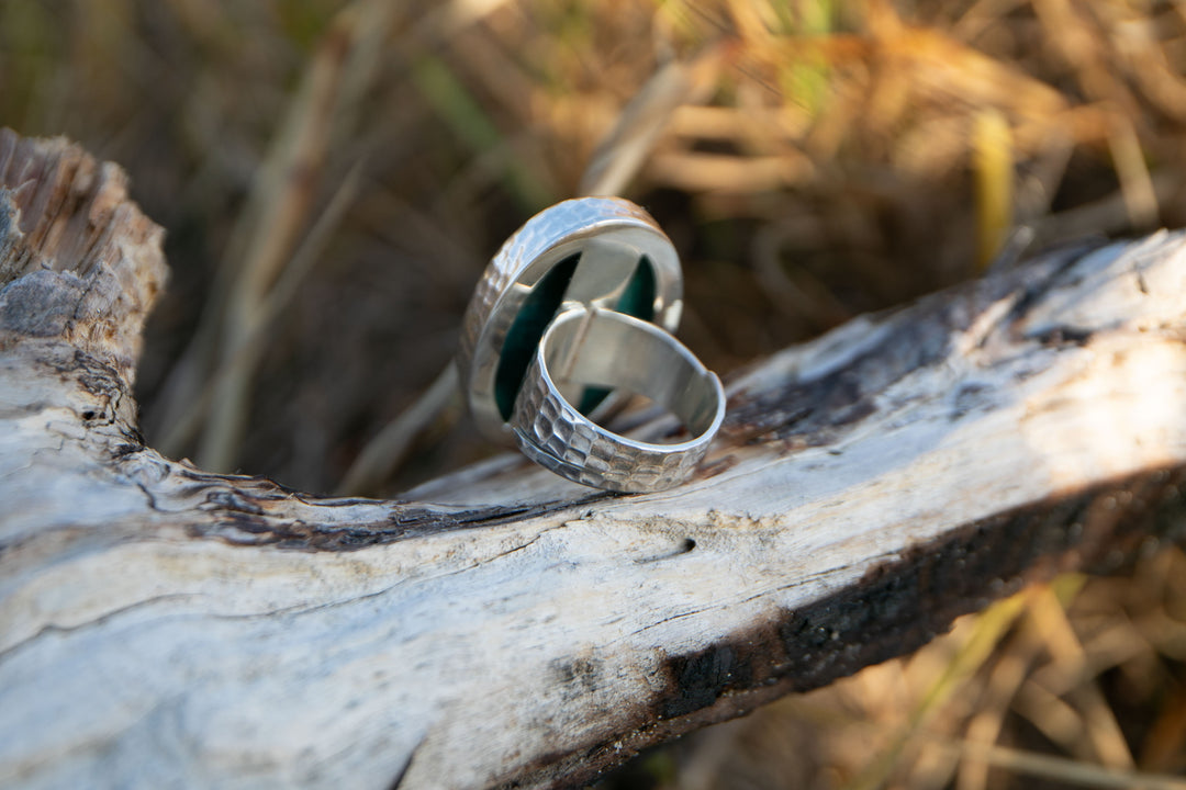 Oval Chrysocolla Ring set in Beaten Sterling Silver Design - Adjustable Band