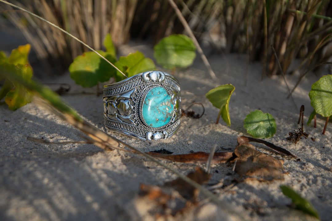 Genuine Arizona Turquoise Cuff Bangle in Tribal Sterling Silver Setting