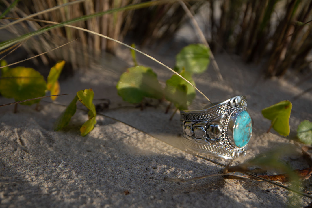 Genuine Arizona Turquoise Cuff Bangle in Tribal Sterling Silver Setting