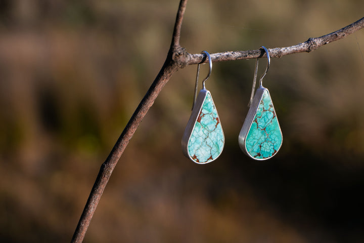 Genuine Turquoise Earrings set in Brushed Sterling Silver