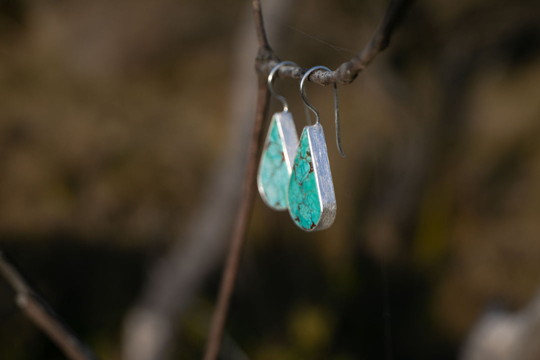 Genuine Turquoise Earrings set in Brushed Sterling Silver