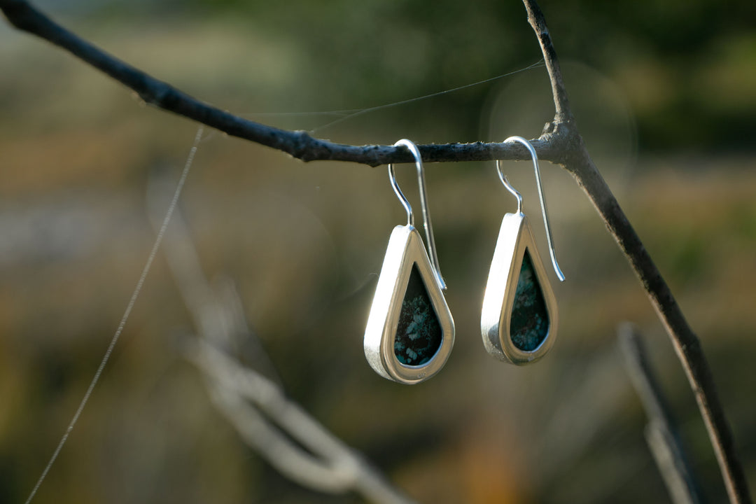 Genuine Turquoise Earrings set in Brushed Sterling Silver