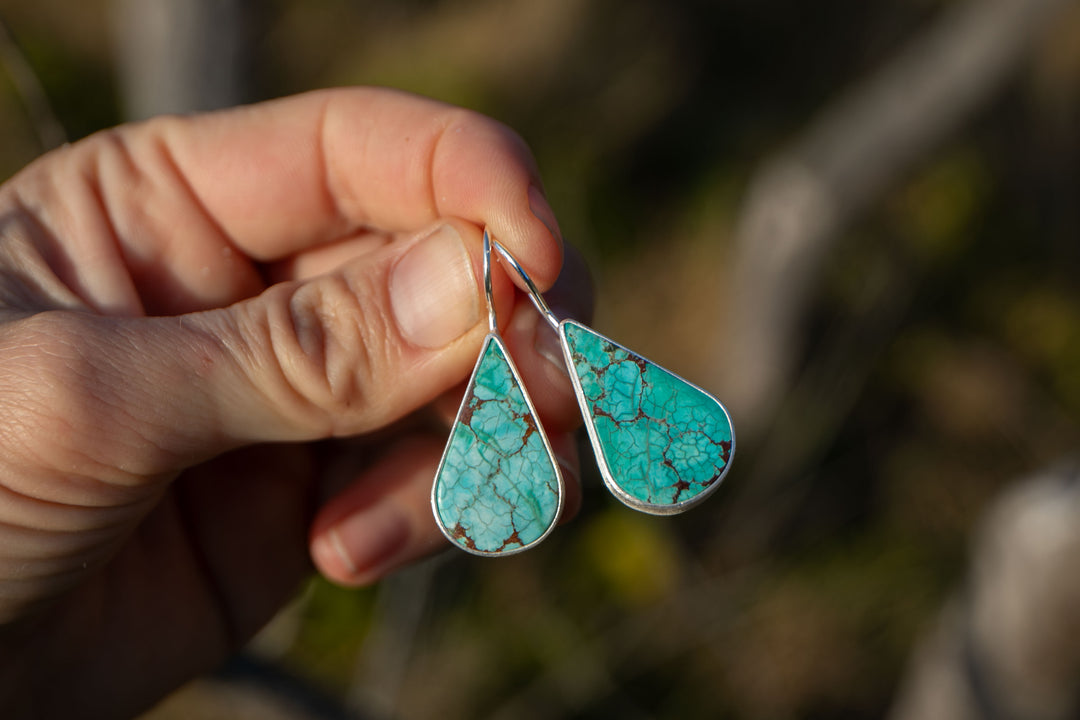 Genuine Turquoise Earrings set in Brushed Sterling Silver