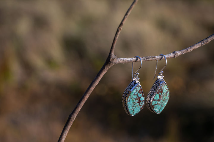 Genuine Turquoise Earrings set in Tribal Sterling Silver