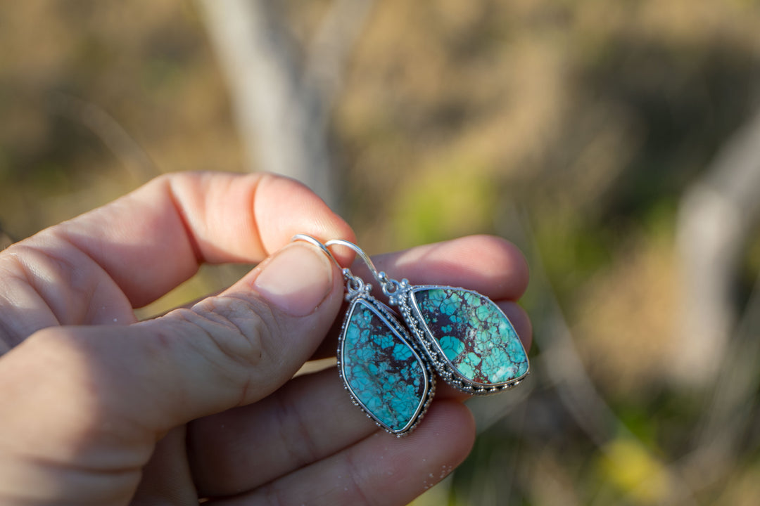 Genuine Turquoise Earrings set in Tribal Sterling Silver