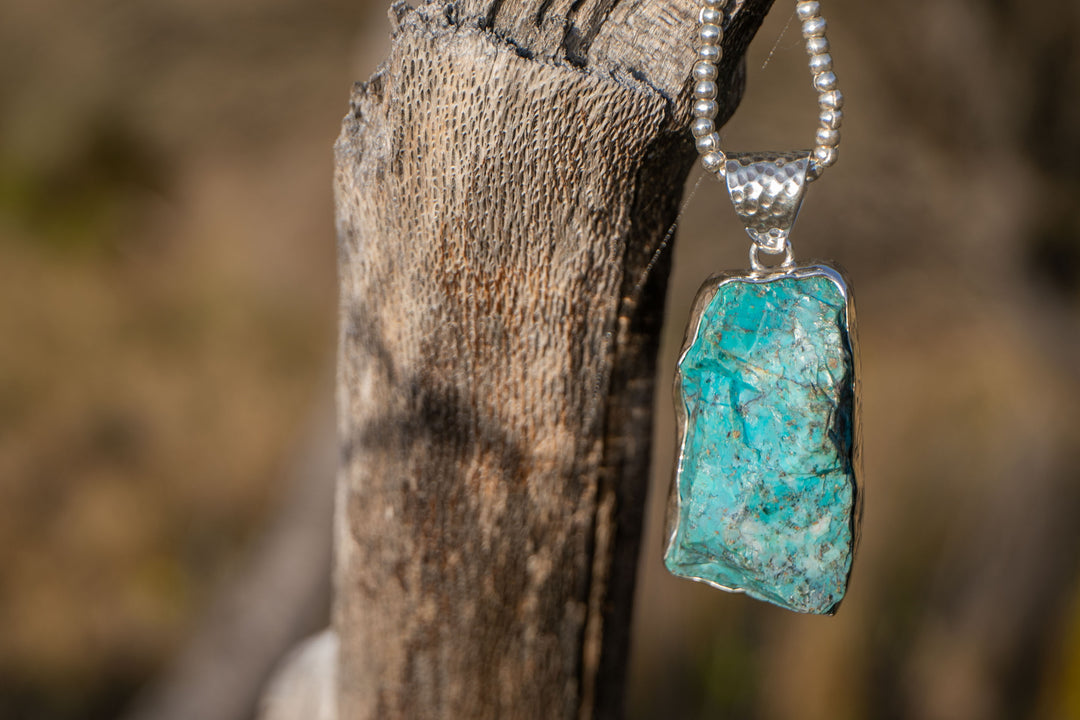 Raw Chrysocolla Pendant in Beaten Sterling Silver