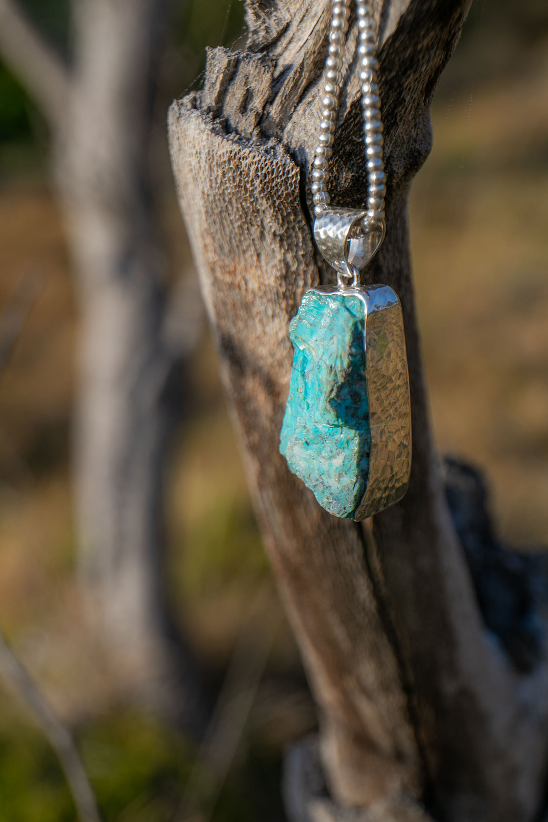 Raw Chrysocolla Pendant in Beaten Sterling Silver