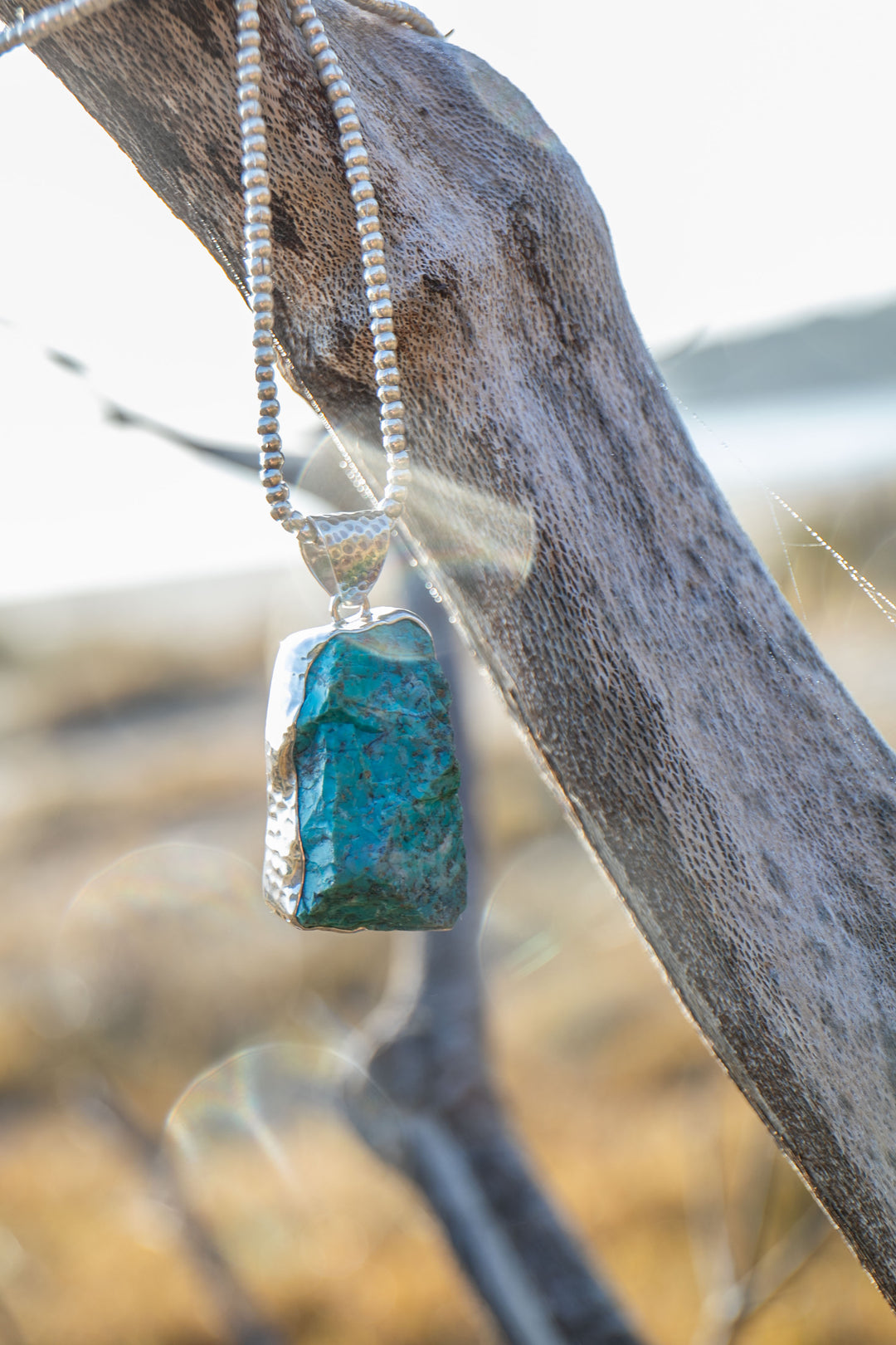 Raw Chrysocolla Pendant in Beaten Sterling Silver