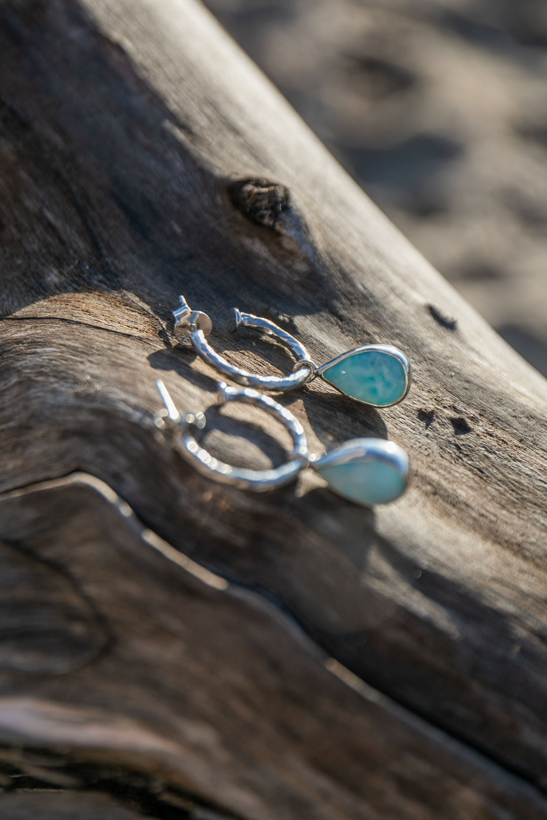 Larimar Charm Earrings on Beaten 92.5% Sterling Silver Stud Hoops