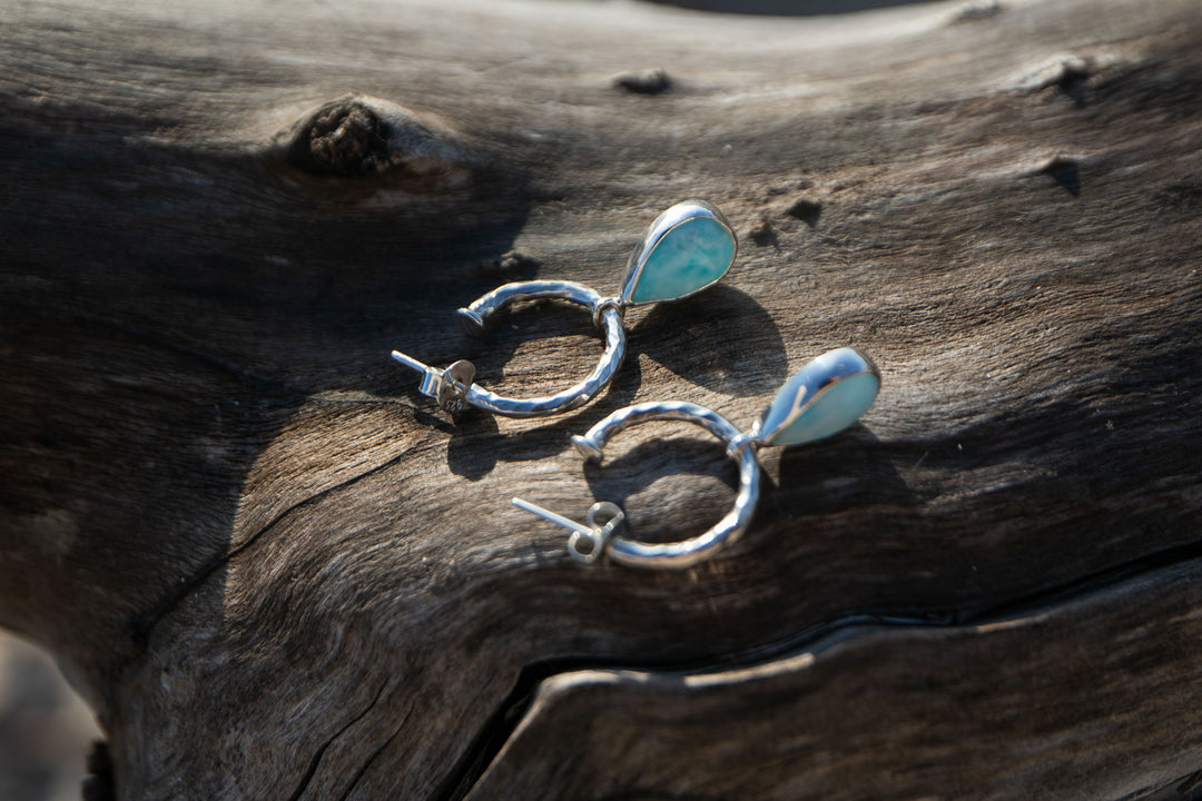 Larimar Charm Earrings on Beaten 92.5% Sterling Silver Stud Hoops