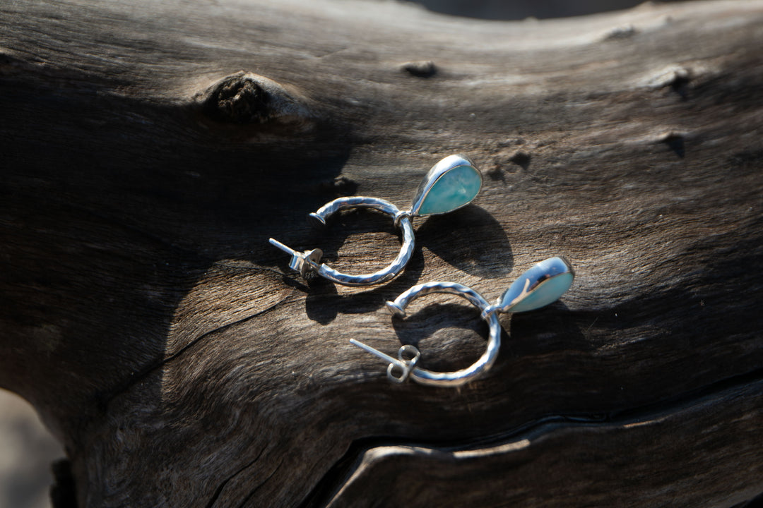 Larimar Charm Earrings on Beaten 92.5% Sterling Silver Stud Hoops