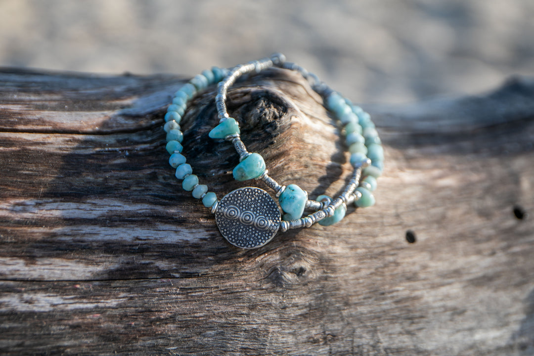 Larimar and Thai Hill Tribe Silver Wrap Bracelet