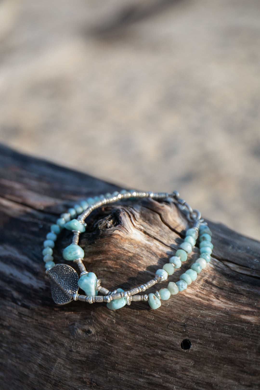 Larimar and Thai Hill Tribe Silver Wrap Bracelet