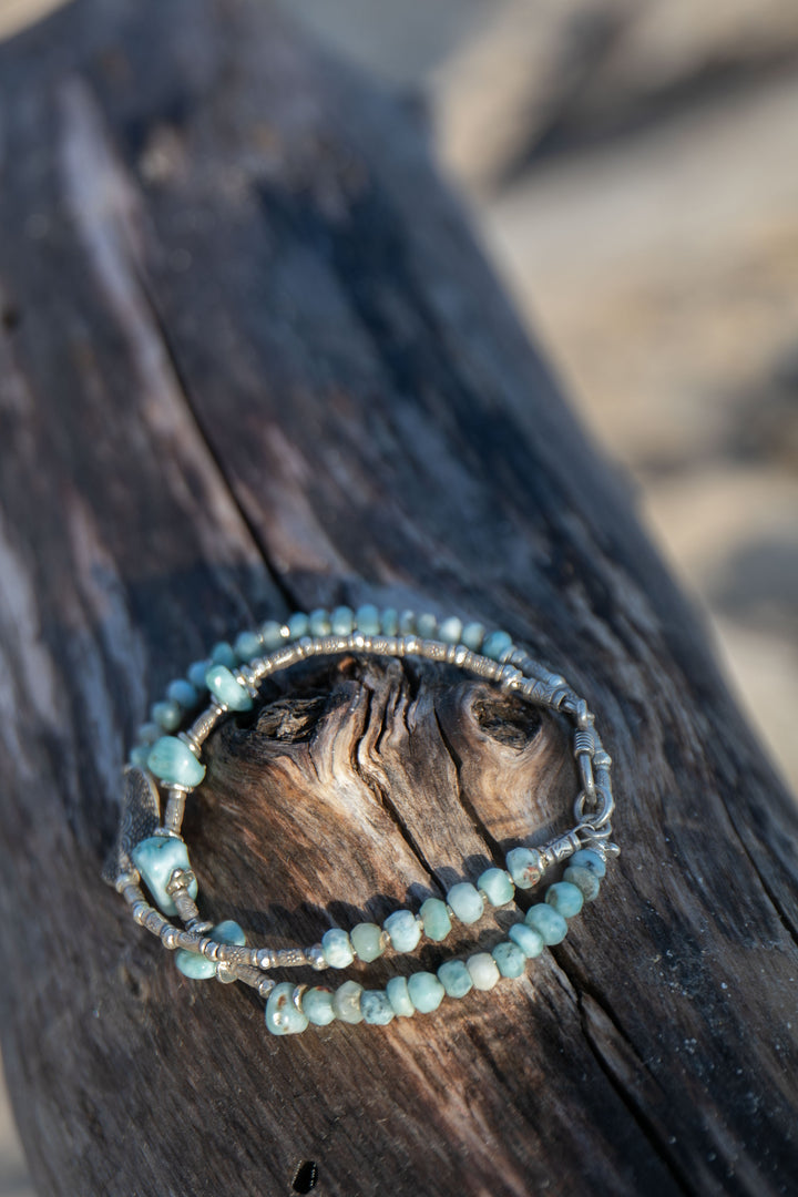 Larimar and Thai Hill Tribe Silver Wrap Bracelet