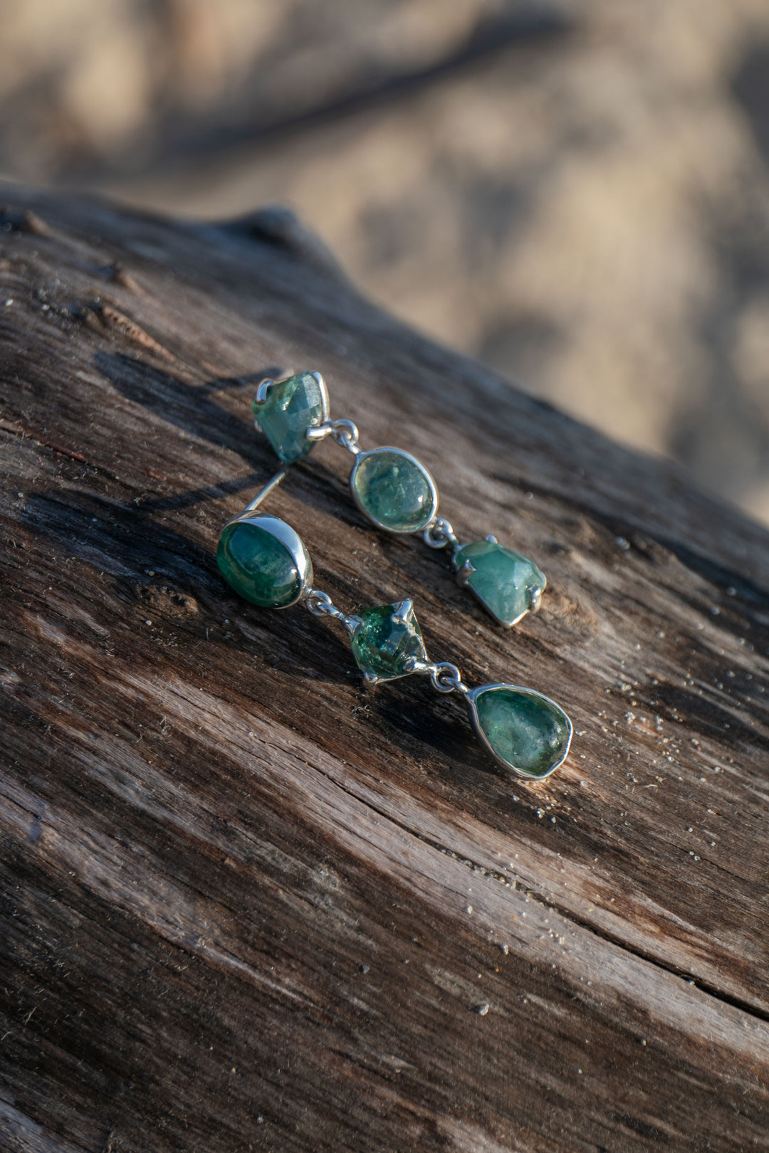 One of a Kind High Quality Green Tourmaline Stud Earrings in Unique Sterling Silver Setting