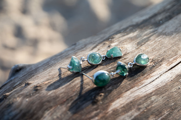 One of a Kind High Quality Green Tourmaline Stud Earrings in Unique Sterling Silver Setting