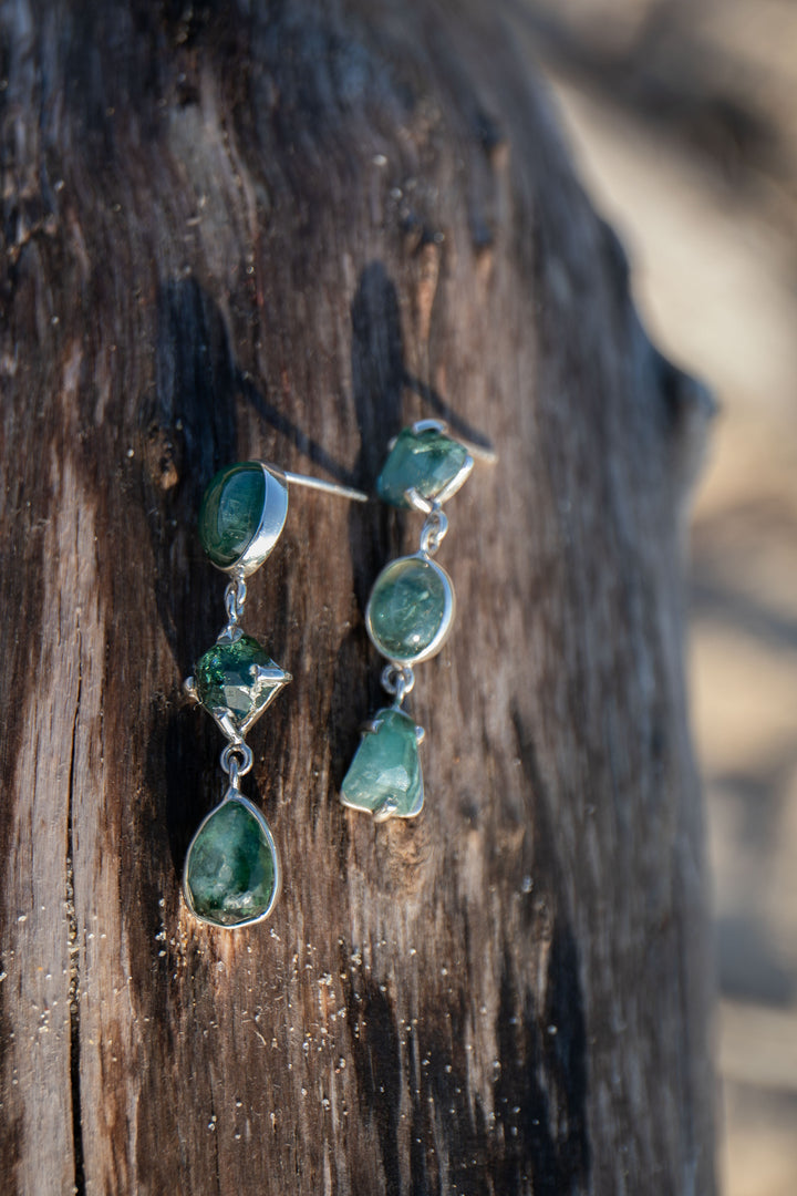 One of a Kind High Quality Green Tourmaline Stud Earrings in Unique Sterling Silver Setting