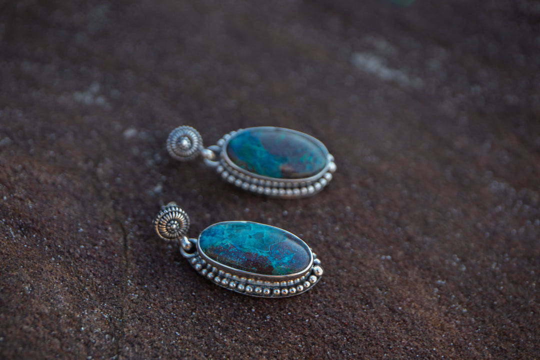 Shattuckite Stud Earrings in Tribal Sterling Silver Setting