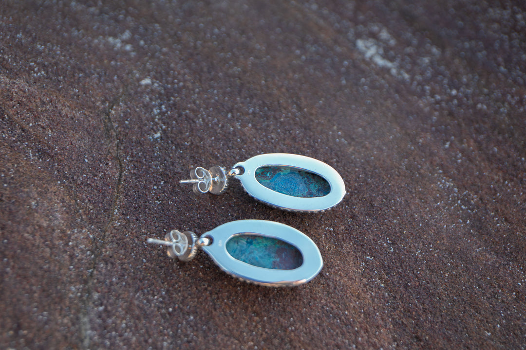 Shattuckite Stud Earrings in Tribal Sterling Silver Setting