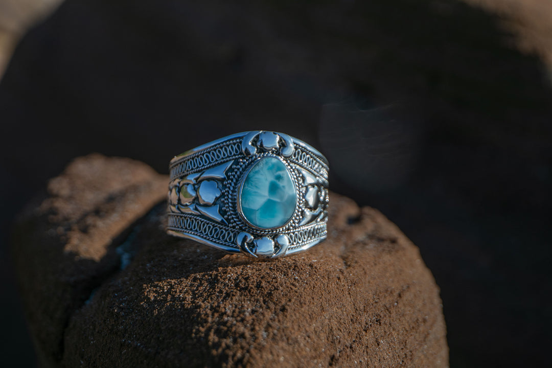 STUNNING Statement Tribal Larimar and Sterling Silver Bangle