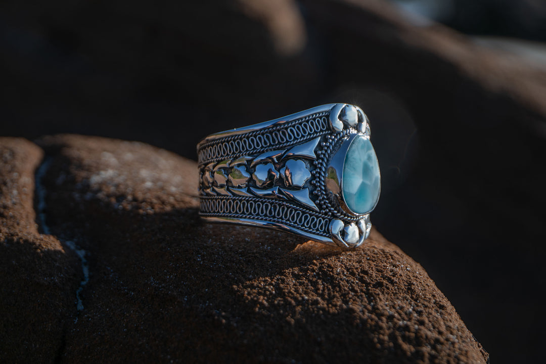 STUNNING Statement Tribal Larimar and Sterling Silver Bangle