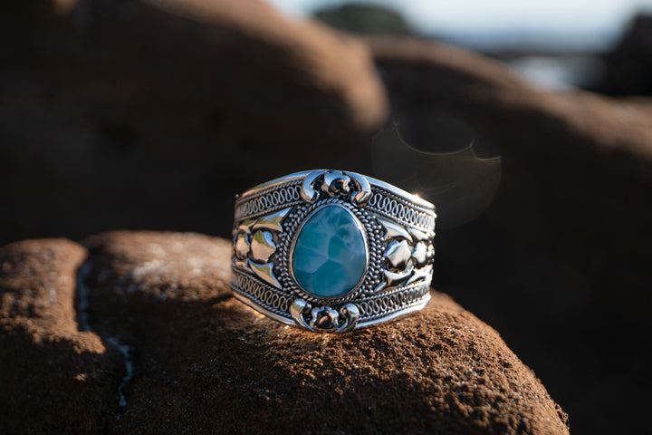 STUNNING Statement Tribal Larimar and Sterling Silver Bangle