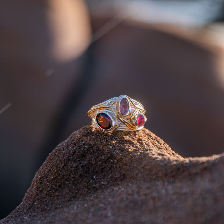 Pink Tourmaline and Garnet Ring set in Unique Sterling Silver and Gold Plated Band - Size 8 US