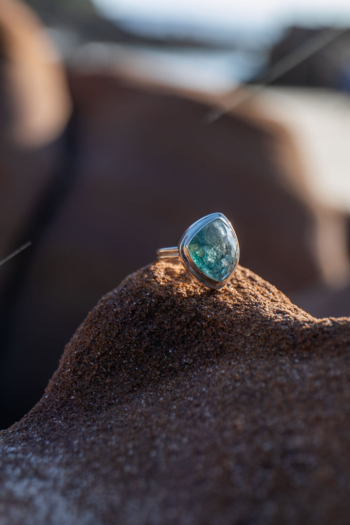 Faceted Tourmaline Ring set in Unique Sterling Silver - Size 6.5 US