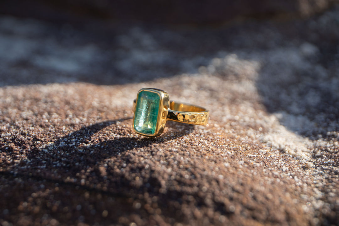 High Quality Dark Green Tourmaline Ring set in Beaten 14k Gold Plated Sterling Silver - Size 9 US