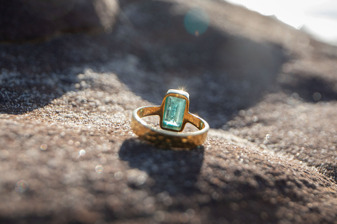 High Quality Dark Green Tourmaline Ring set in Beaten 14k Gold Plated Sterling Silver - Size 9 US