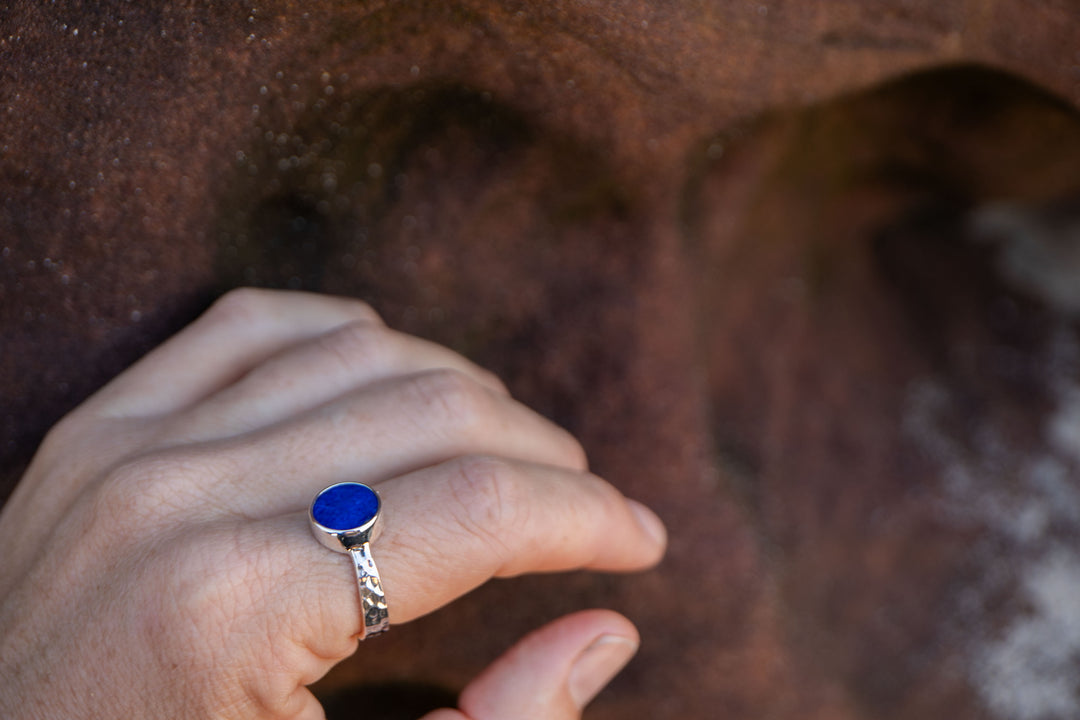 Lapis Lazuli Ring in Beaten Sterling Silver Setting - Size 9 US