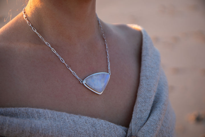 Reserved for Mimi** Teardrop Rainbow Moonstone Pendant on Fixed Sterling Silver Chain