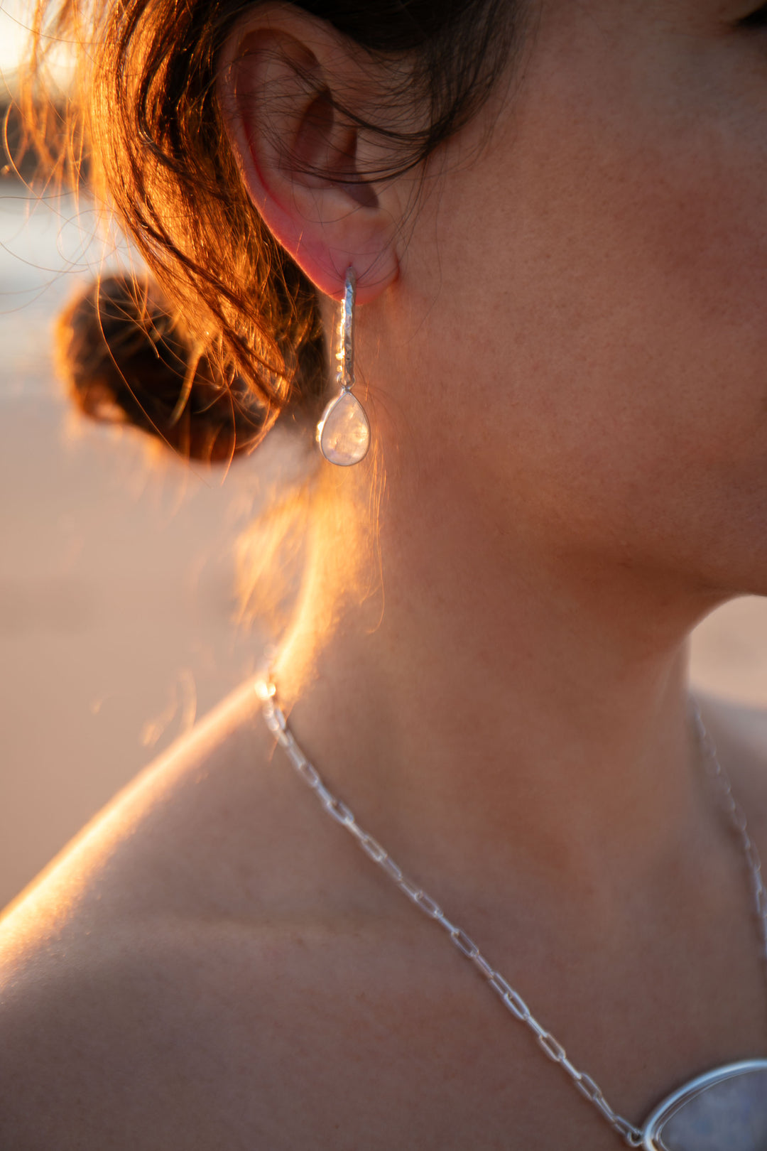 Rainbow Moonstone Hoop Stud Earrings in Sterling Silver Setting