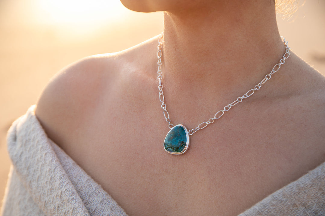 Chrysocolla Pendant in Bezel Sterling Silver on Link Chain