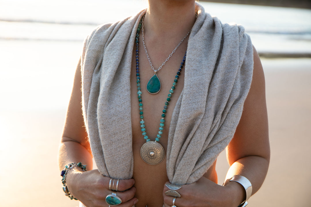 Statement Beaded Chrysocolla, Amazonite and Lapis Lazuli Mala Necklace with Thai Hill Tribe Silver Shield Pendant