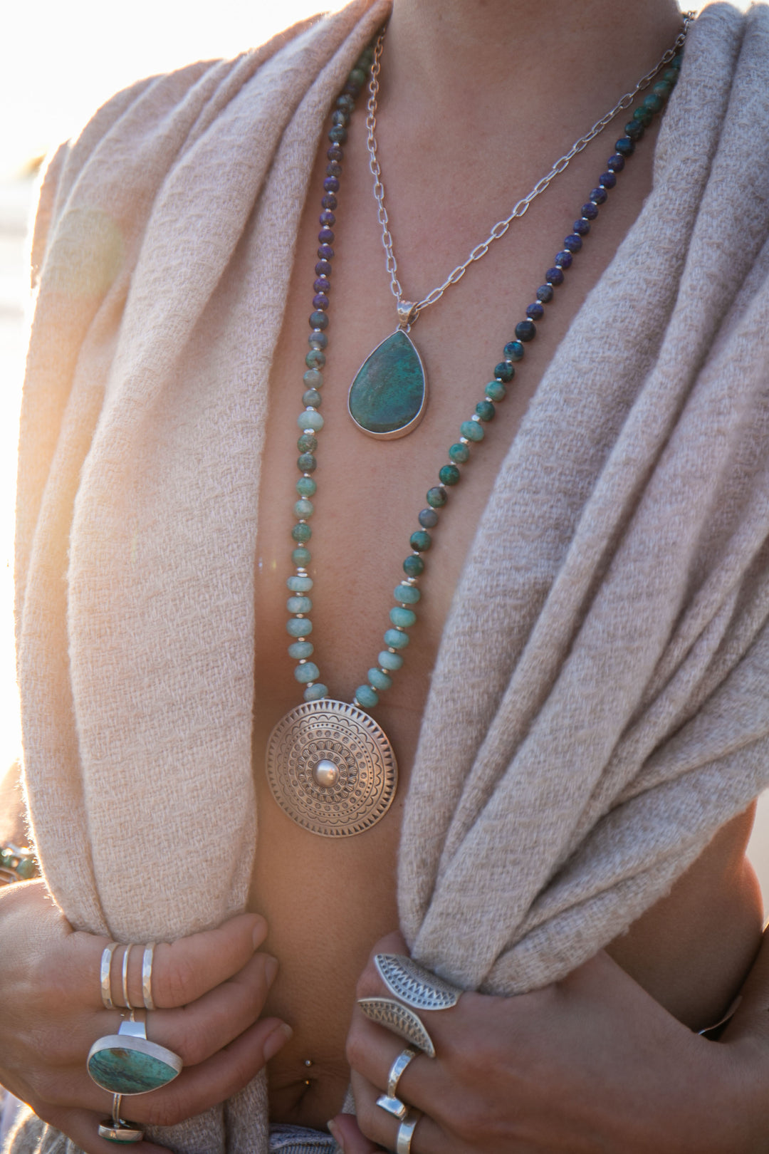 Statement Beaded Chrysocolla, Amazonite and Lapis Lazuli Mala Necklace with Thai Hill Tribe Silver Shield Pendant