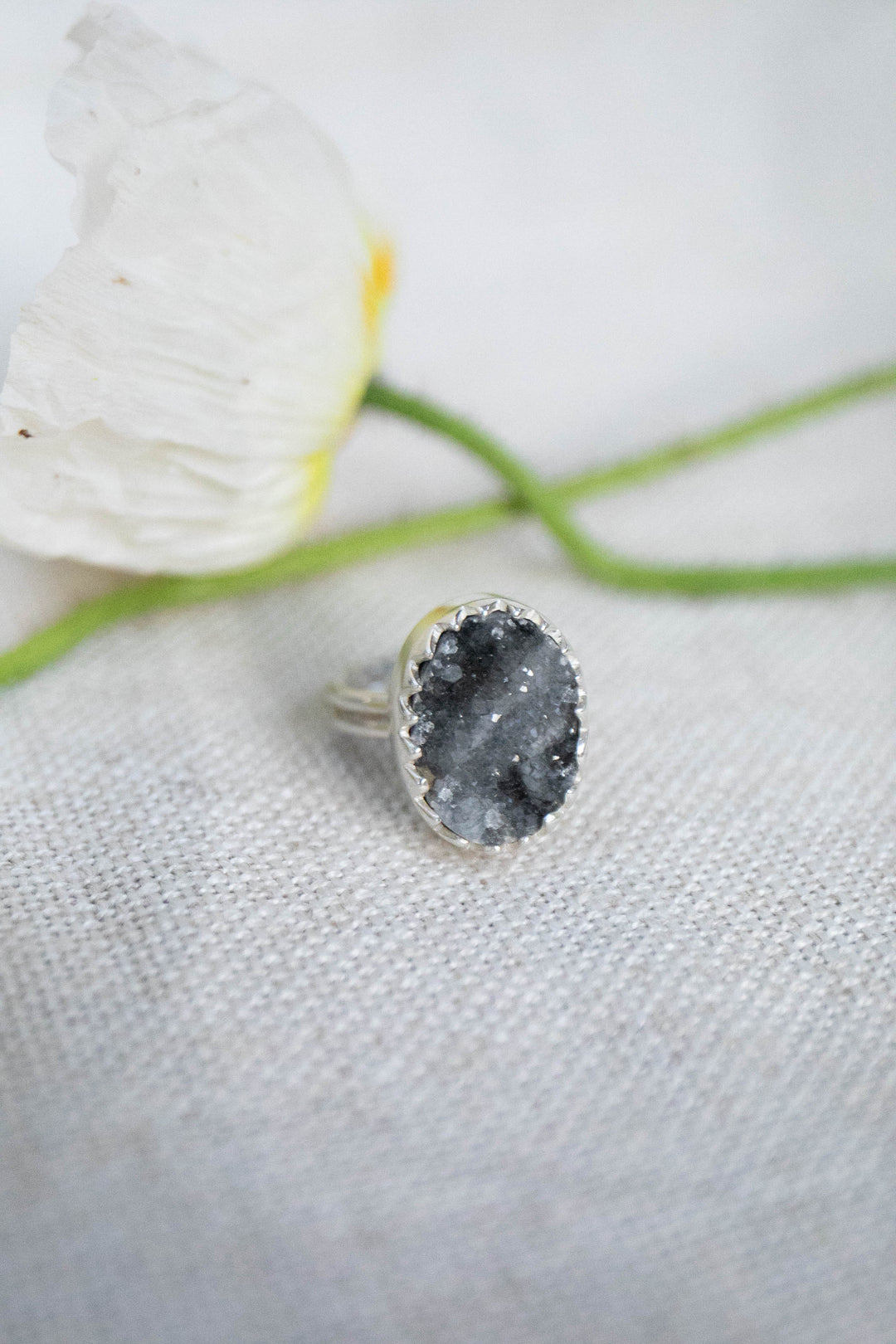 Black Druzy Ring in Sterling Silver - Size 7.5 US