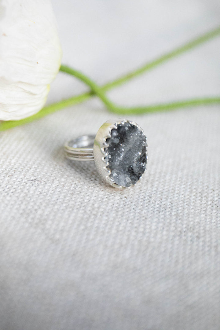 Black Druzy Ring in Sterling Silver - Size 7.5 US
