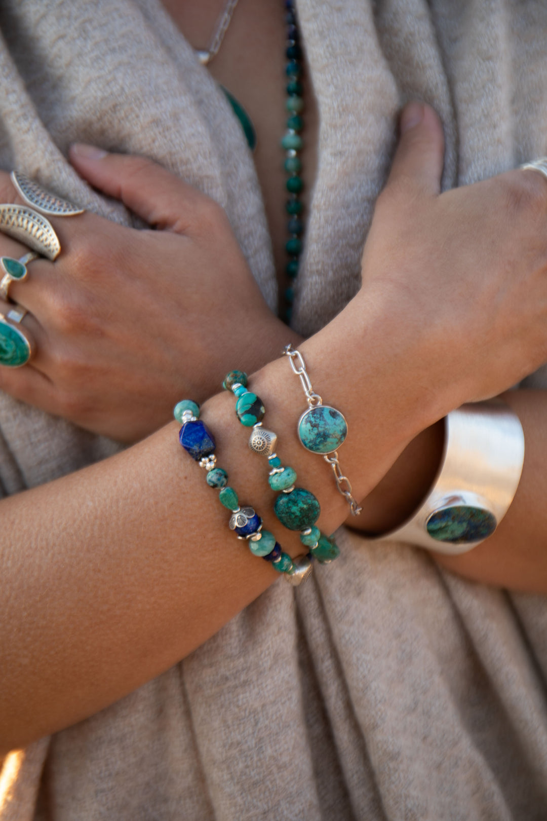 Chrysocolla, Amazonite, Turquoise and Lapis Bracelet with Thai Hill Tribe Silver