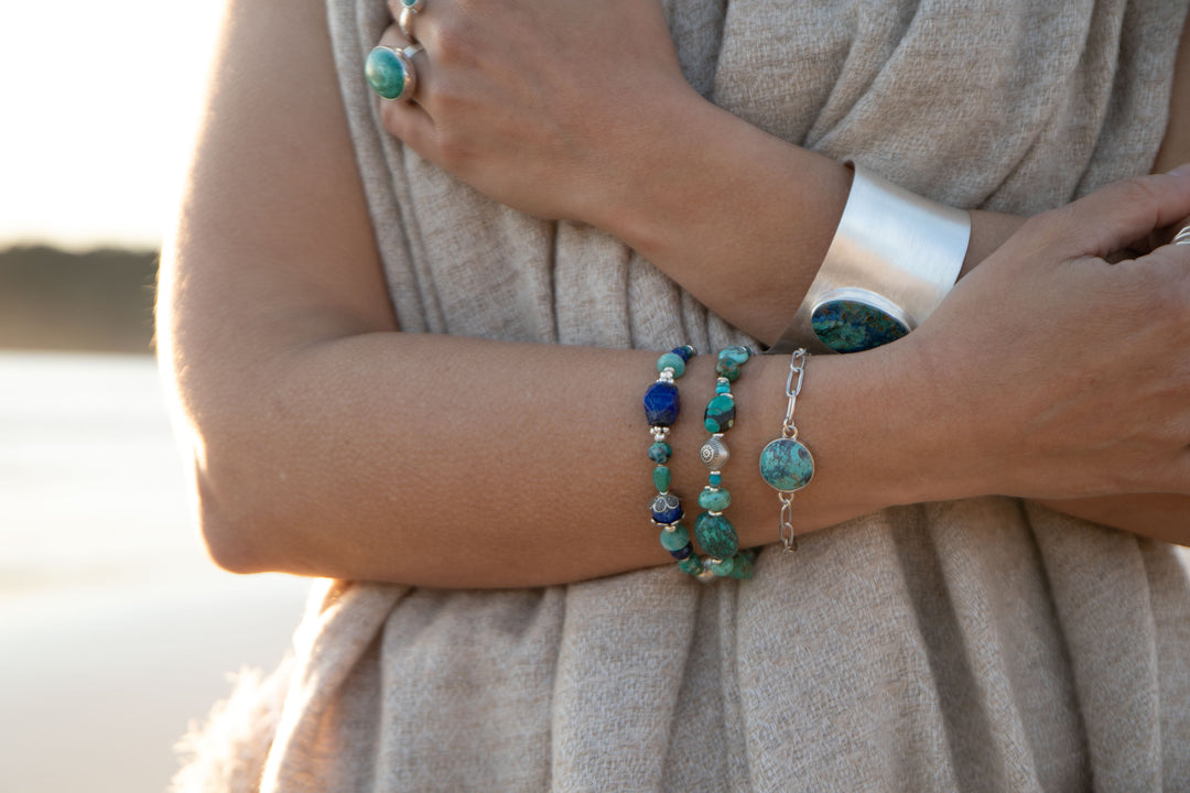 Chrysocolla, Amazonite, Turquoise and Lapis Bracelet with Thai Hill Tribe Silver