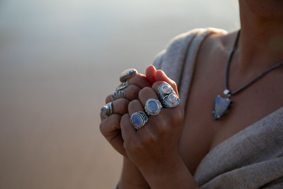 Large Double Rainbow Moonstone Ring in Tribal Sterling Silver Setting