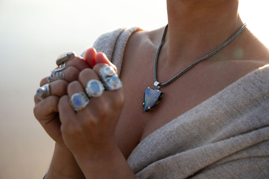 Raw Rainbow Moonstone Pendant in Sterling Silver Claw Setting