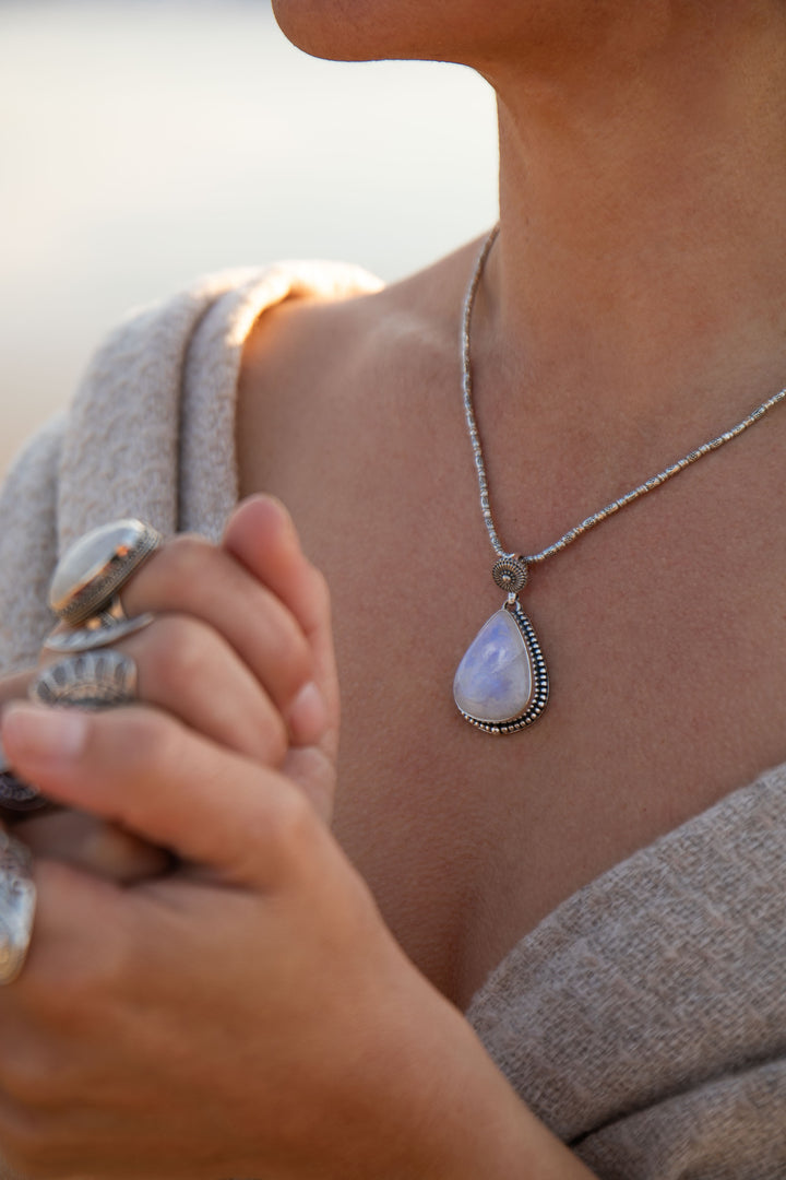 Rainbow Moonstone Pendant in Tribal Sterling Silver Setting