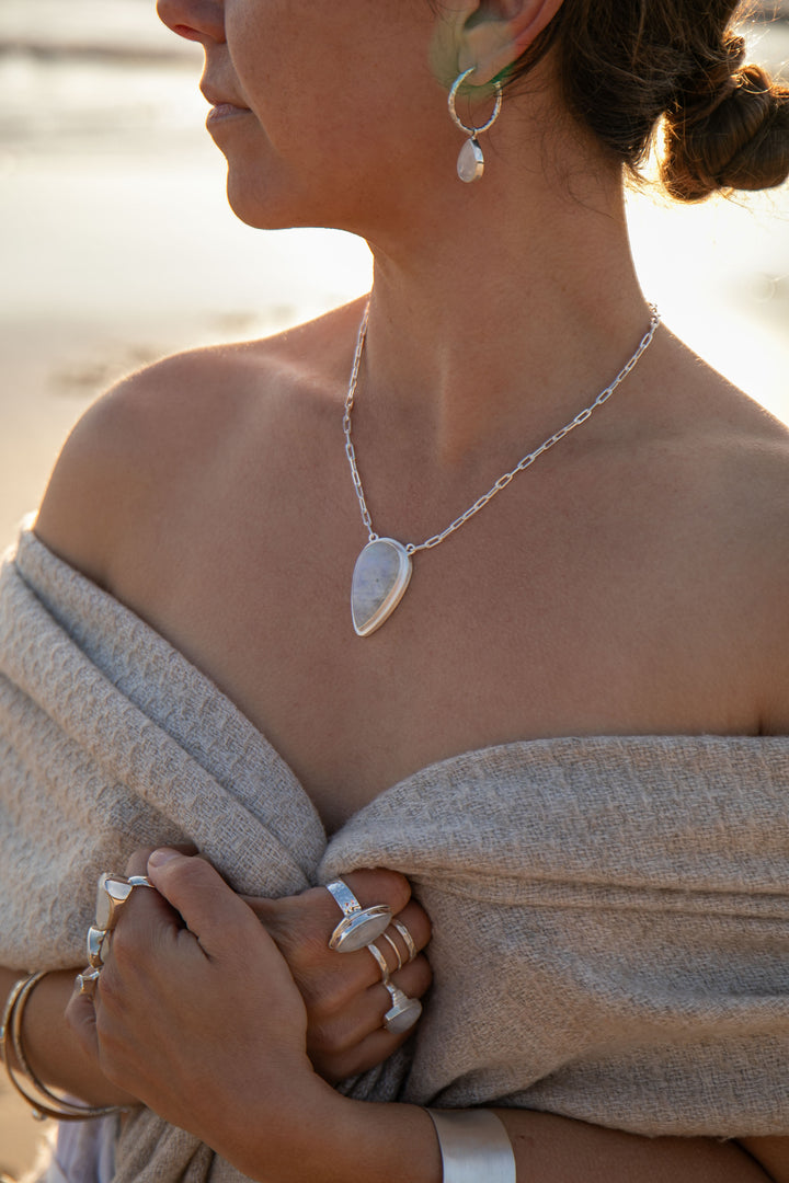 Teardrop Rainbow Moonstone Pendant on Fixed Sterling Silver Chain