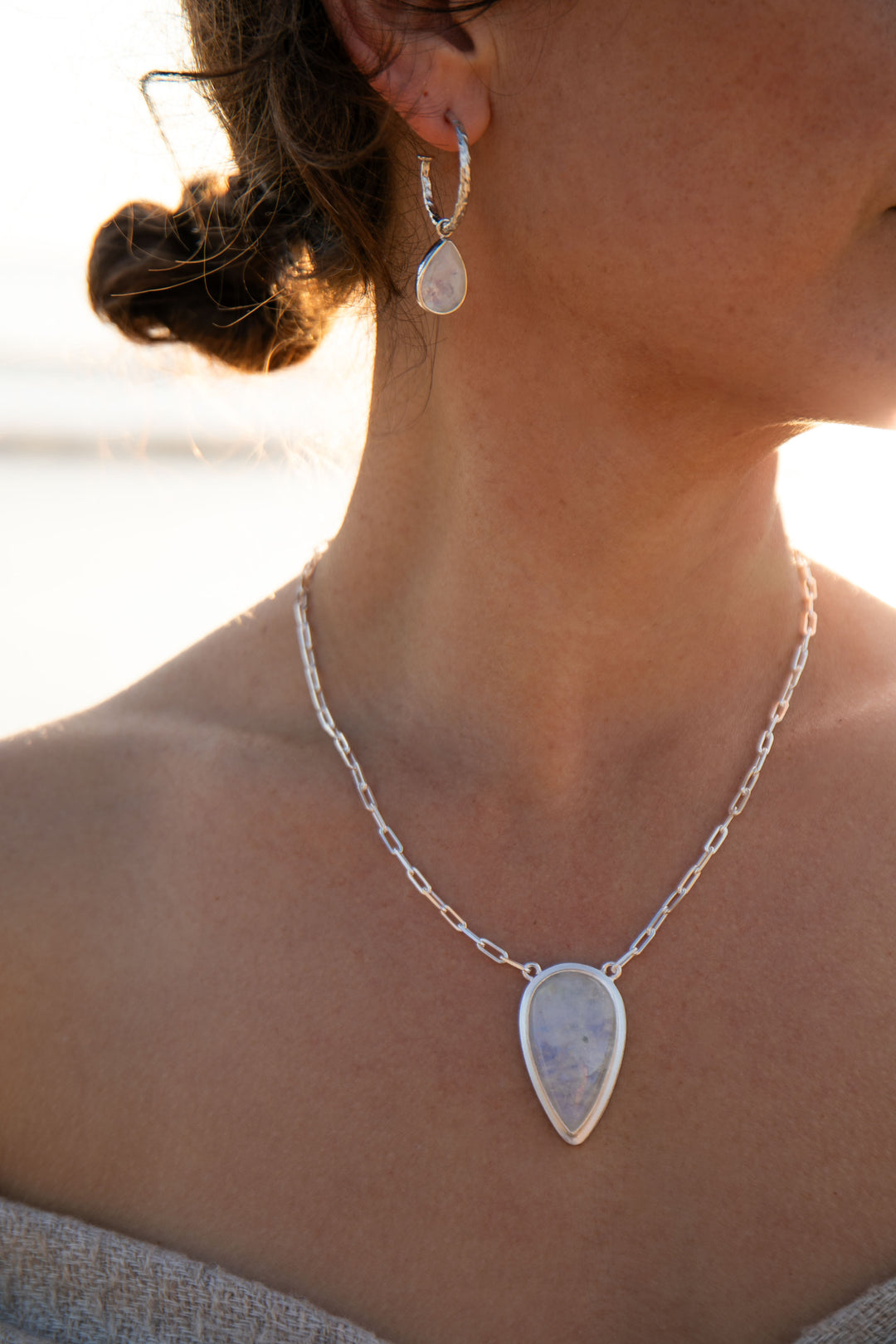 Teardrop Rainbow Moonstone Pendant on Fixed Sterling Silver Chain