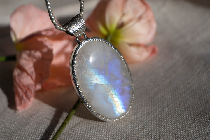 Statement Rainbow Moonstone Pendant in Unique Sterling Silver