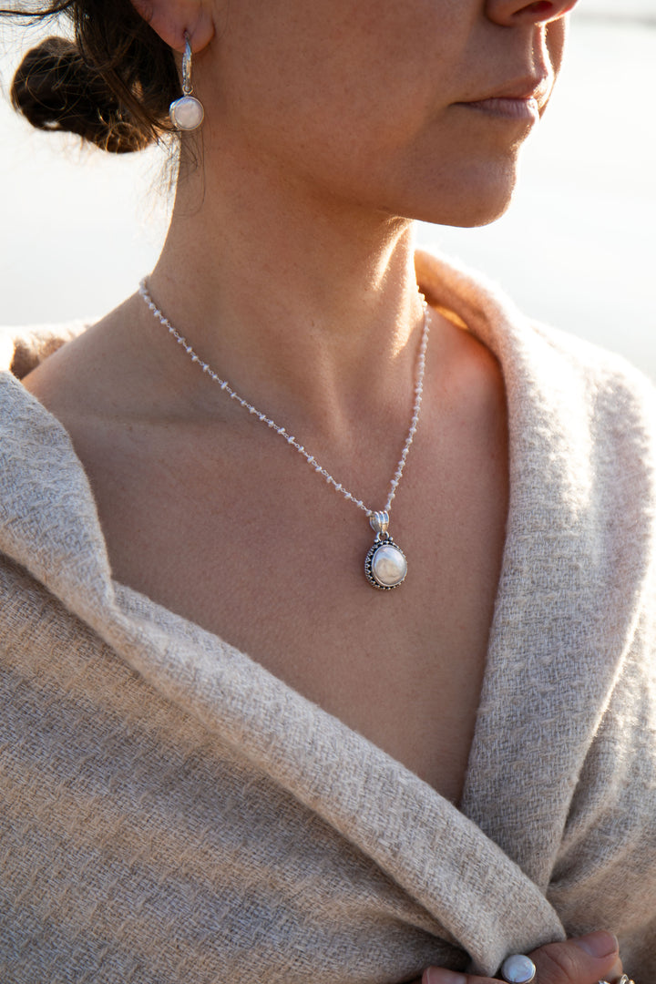 Freshwater Pearl Pendant in Tribal Sterling Silver on Pearl Rosary Chain