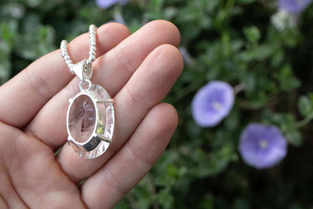Stunning Faceted Crystal Quartz Pendant in Unique Sterling Silver Setting - Gemstone Pendant - Clear Crystal Quartz