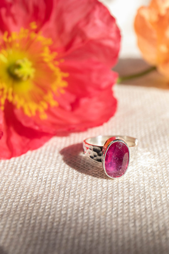 Faceted Pink Sapphire Ring in Adjustable Beaten Sterling Silver